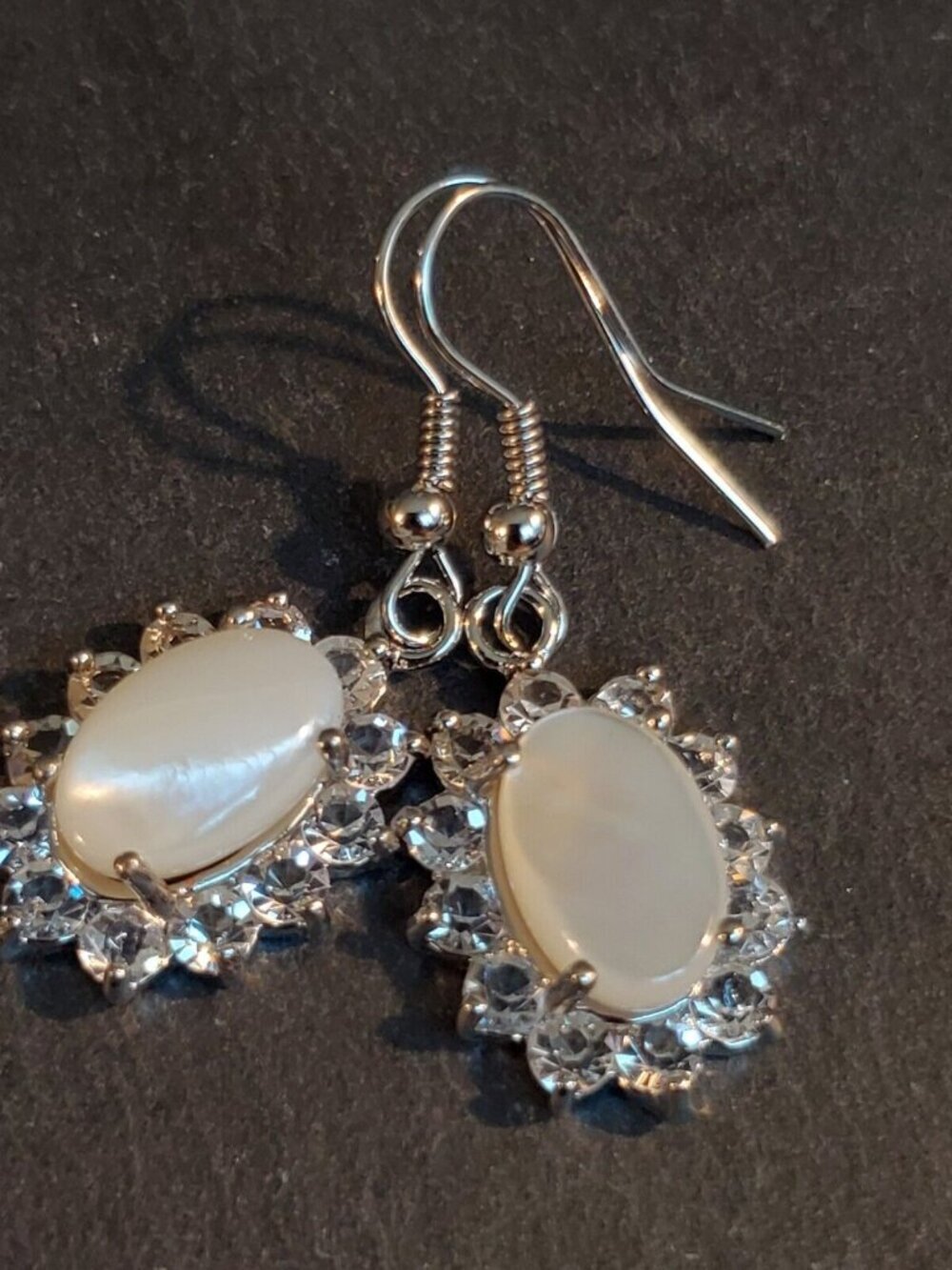 Elegant Mother Pearl Shell Oval Cab Lab Diamonds Silver Platinum Plated Earrings - Picture 2 of 7